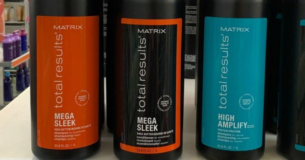 Matrix mega Sleek 33.8oz Conditioner on shellf with other Matrix Shampoo and Conditioner Products