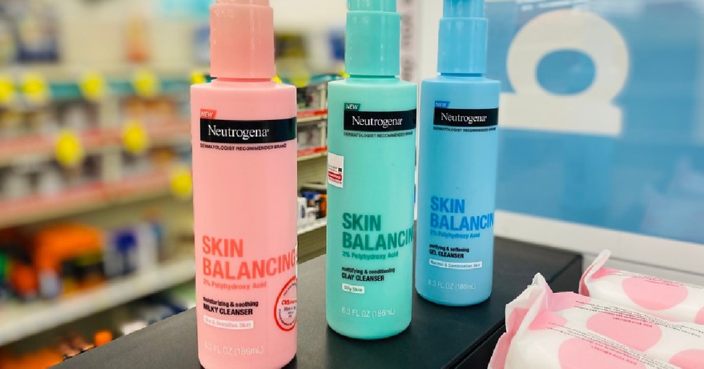 Neutrogena Skin Balancing cleaner in various colors at a store