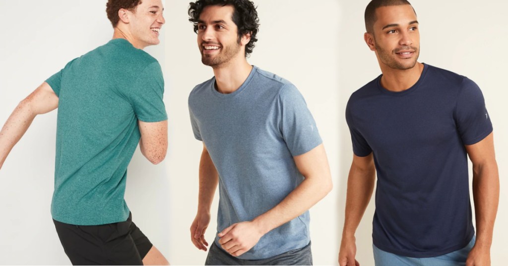 three men wearing Old Navy Go-Dry Cool Odor-Control Core Tee for Men