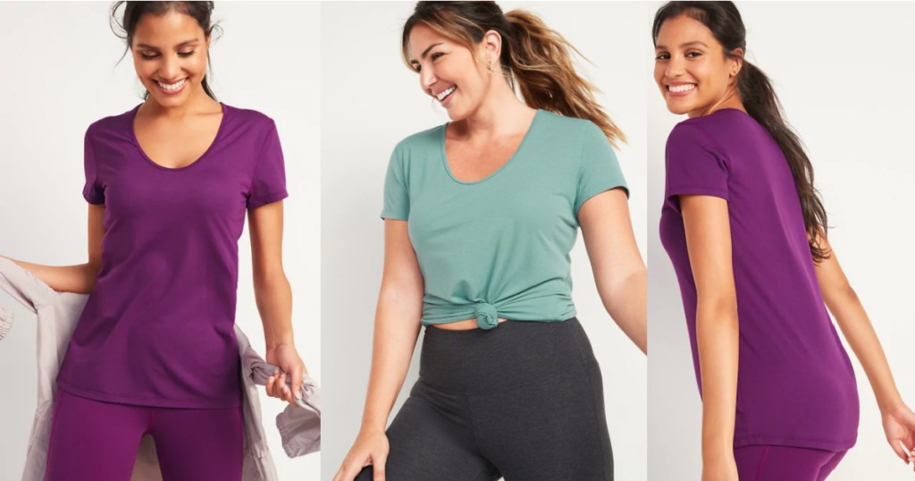 three women wearing purple and green colored Old Navy UltraLite Scoop-Neck Performance Top for Women