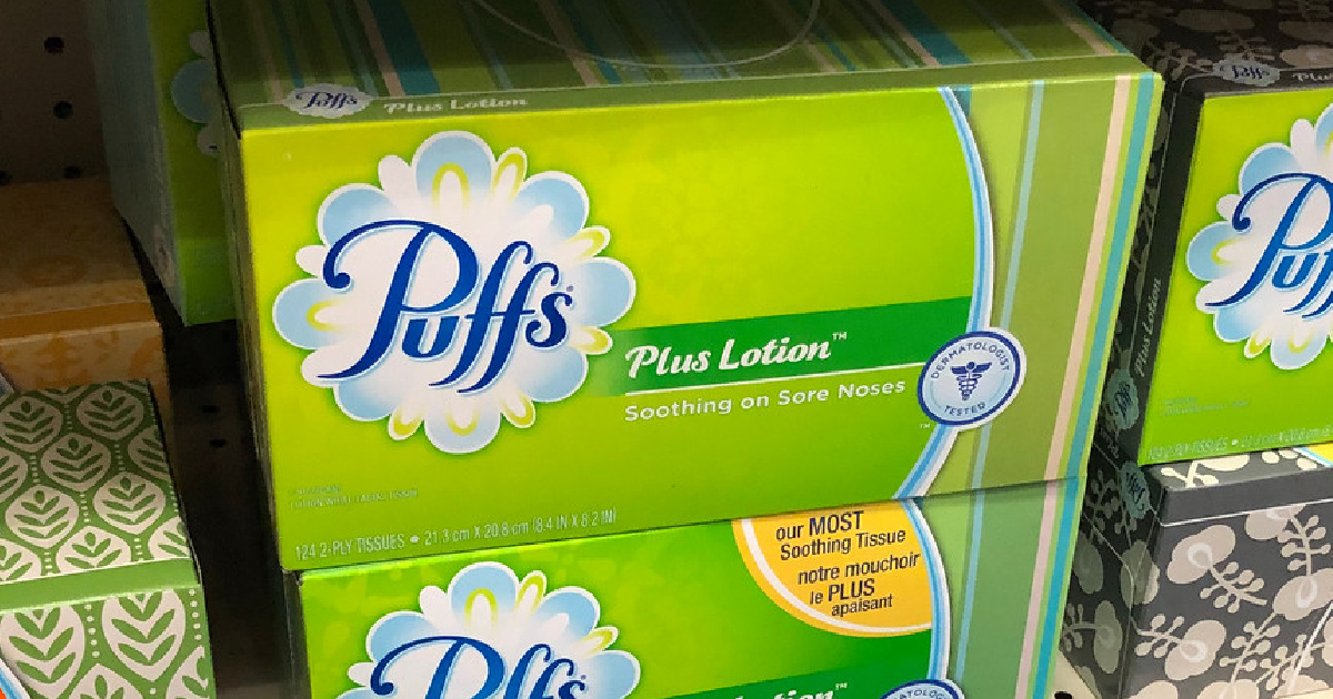 Puffs lotion tissues box on store shelf