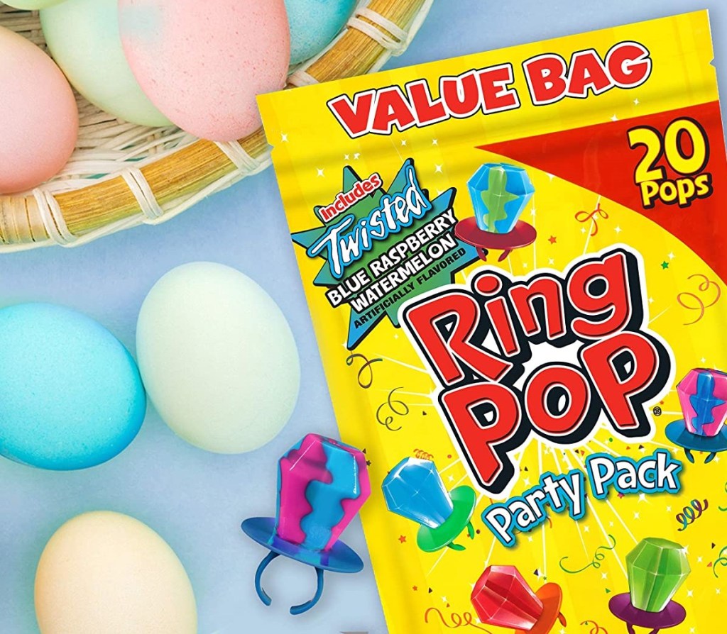 Ring Pops bag next to Easter eggs