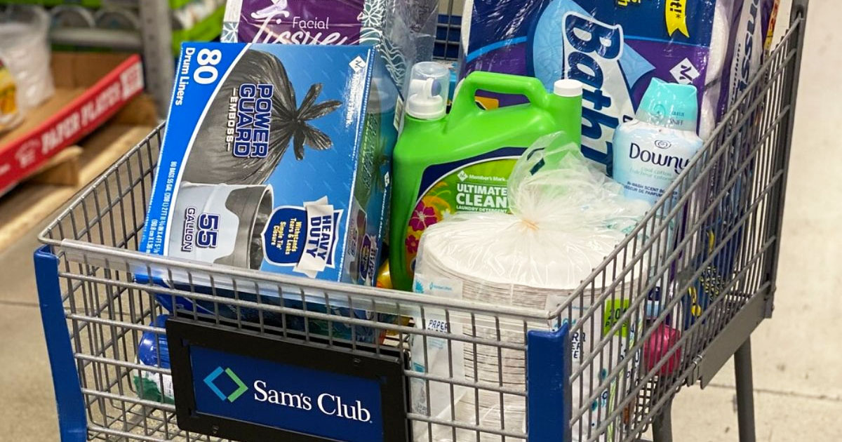 sam's club shopping cart full of household products