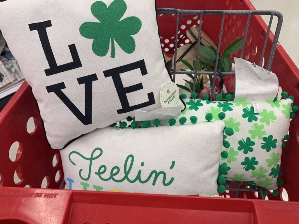 St Patrick's Day Pillows in front basket of shopping cart