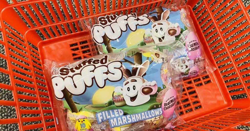 2 Stuffed Puffs Milk Chocolate Filled Marshmallow Packs in red CVS basket