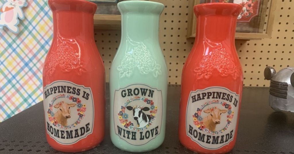 The Pioneer Woman Red or Teal Milk Jar Vase on shelf