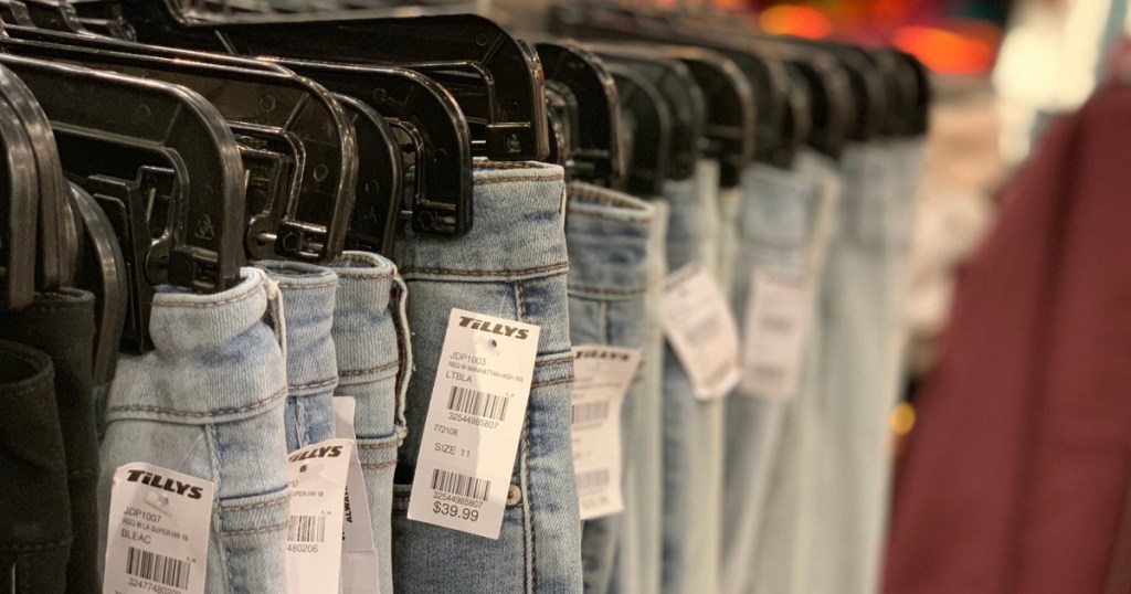 tilly's jeans instore on a rack