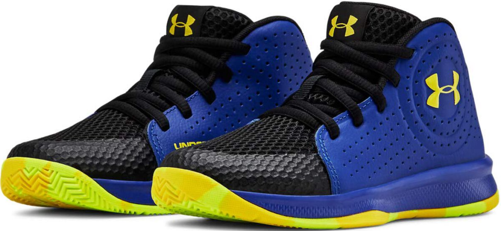 pair of black, blue and yellow Under Armour shoes
