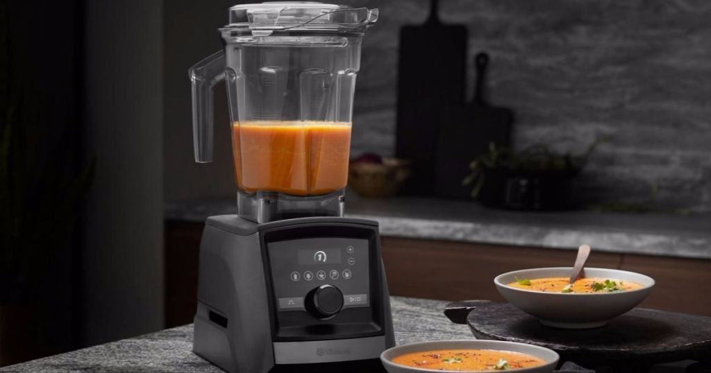 Vitamix A3500 Ascent Smart Blender on counter with bowls of soup