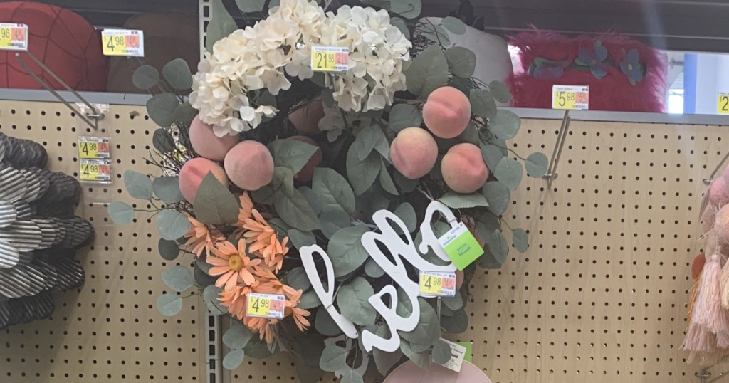 Peach themed wreath on display in-store