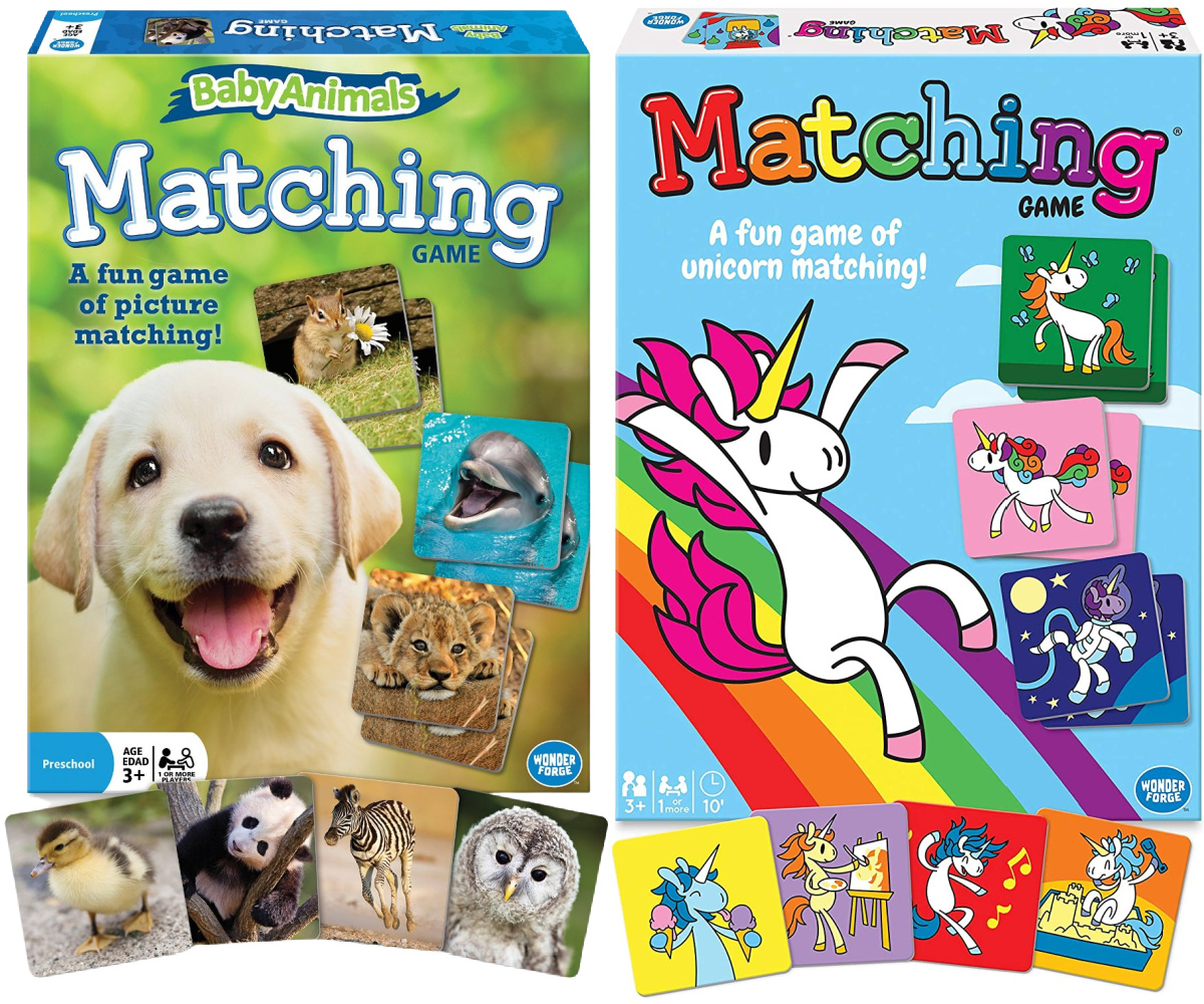 stock images of matching card games featuring baby animals and unicorns