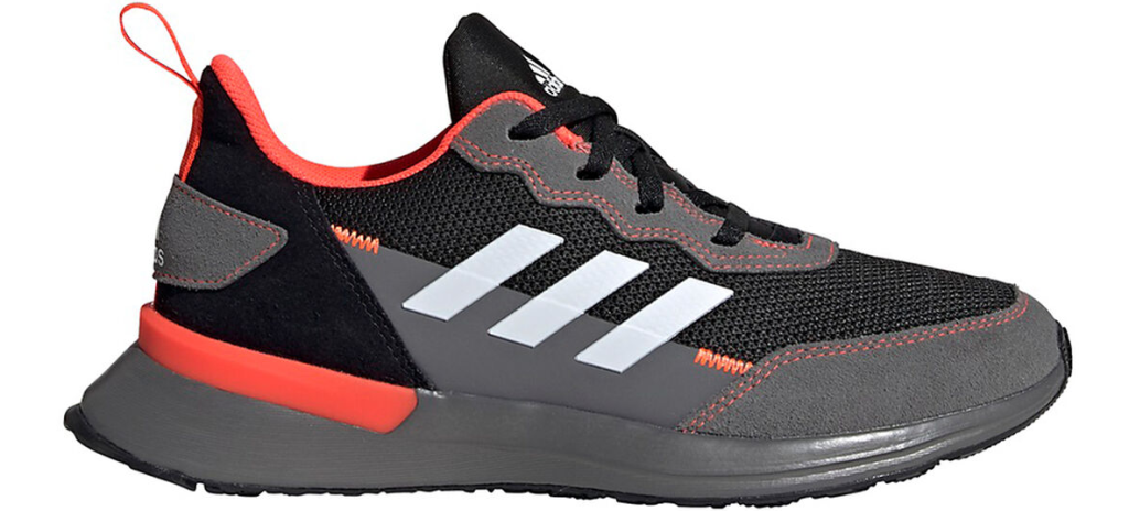grey, black and red adidas sneaker
