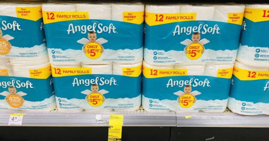 many angel soft toilet paper on shelves in store