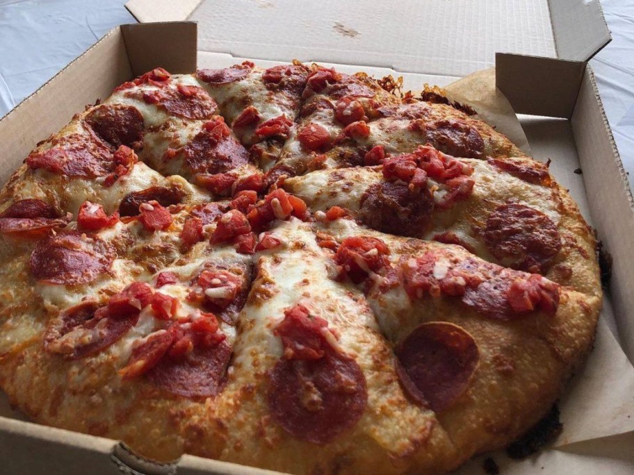 pepperoni pizza in box