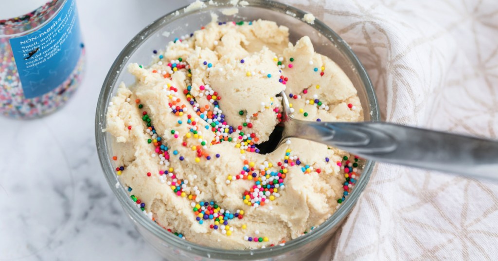 bowl of edible cookie dough and sprinkles 