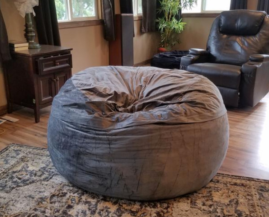 gray bean bag chair sitting on living room floor