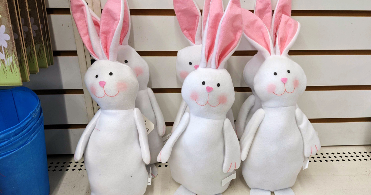 group of fabric bunnies on display in store