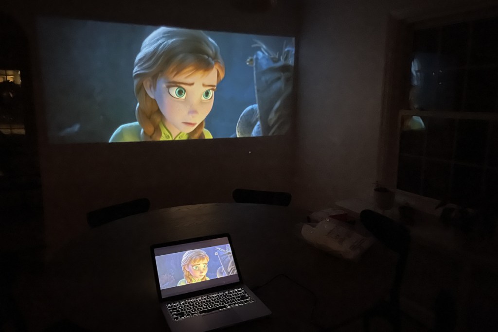frozen on projector screen in dark room
