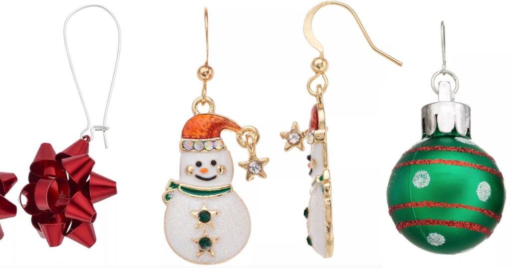 holiday earrings snowman, bow, and ornament