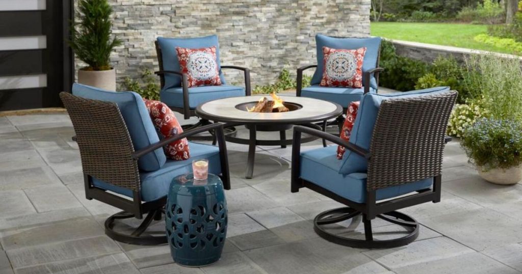 fire pit patio set with blue cushions