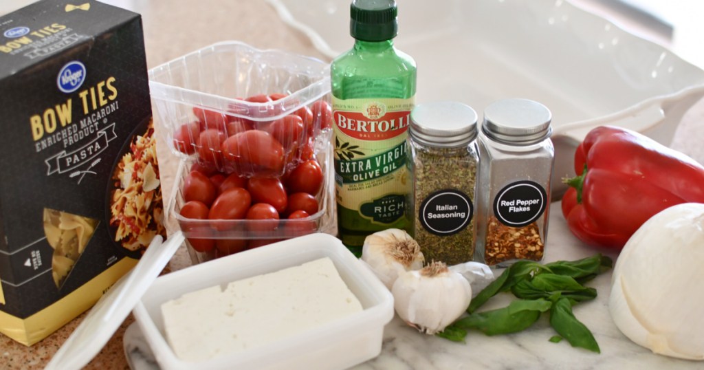 ingredients for tiktok feta pasta on the counter