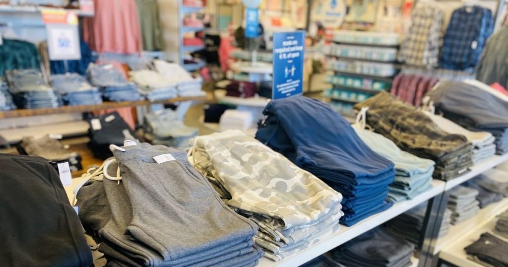 old navy joggers on display in store 