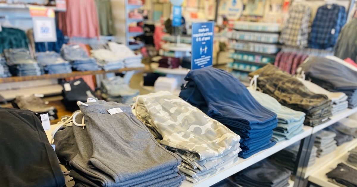 pants folded on a store display table