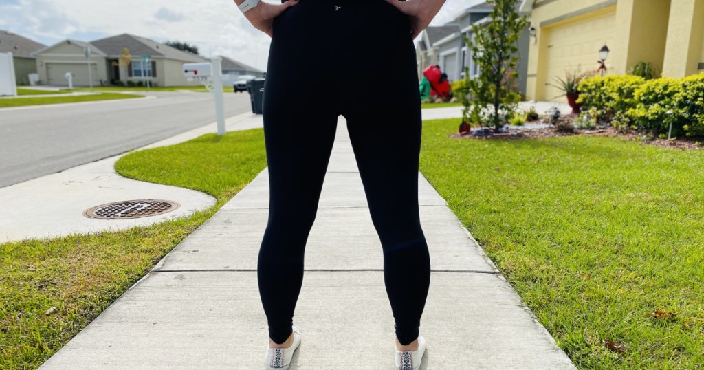 old navy leggings on woman standing backwards