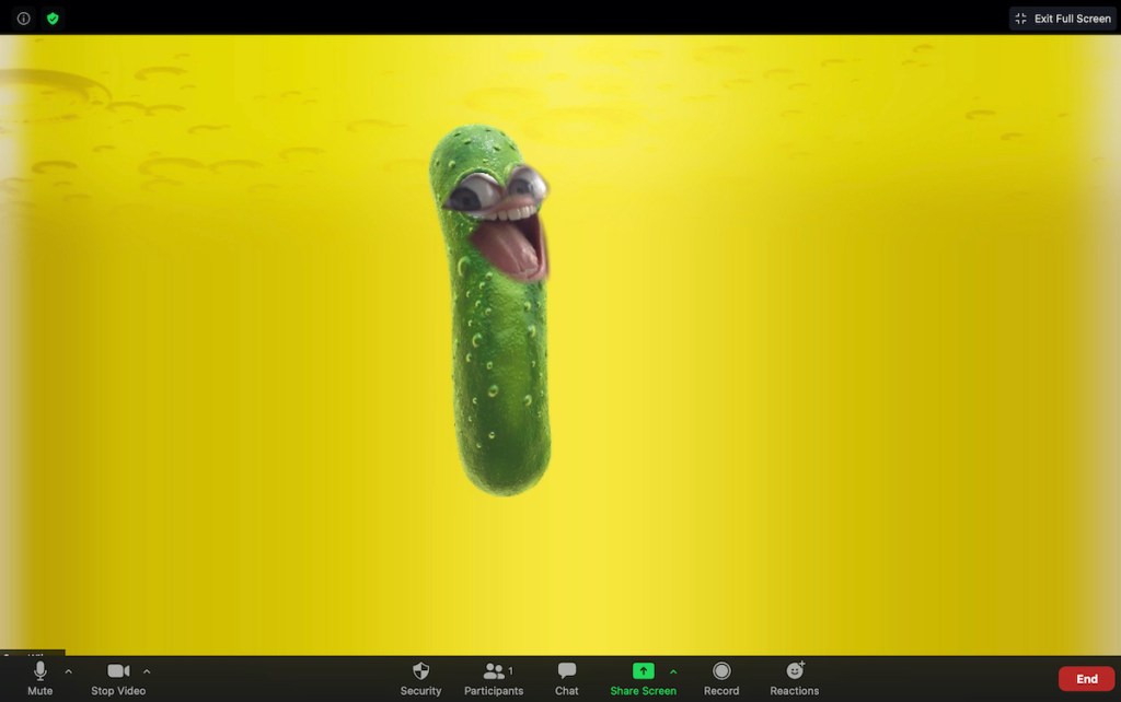cartoon pickle with person's eyes and mouth for funny zoom background