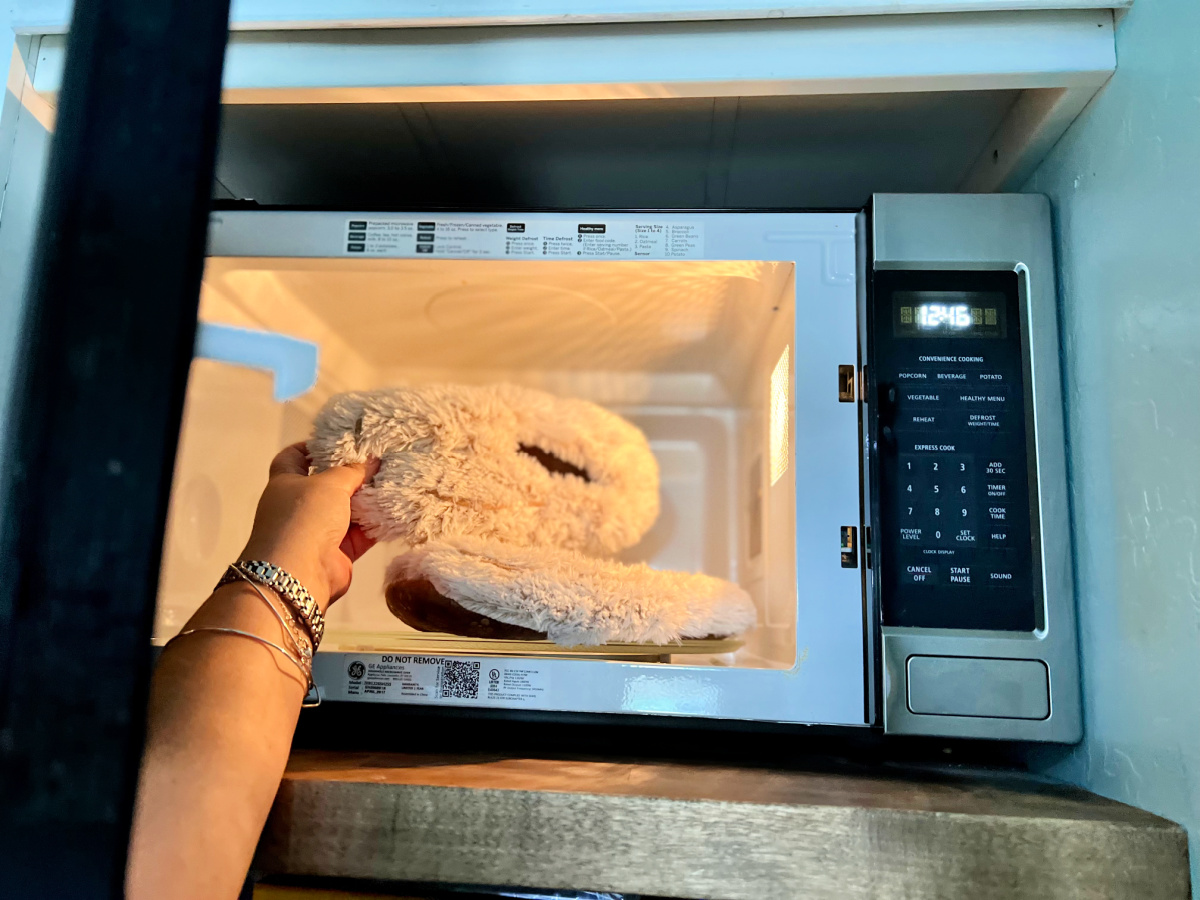 placing warmies slippers in the microwave