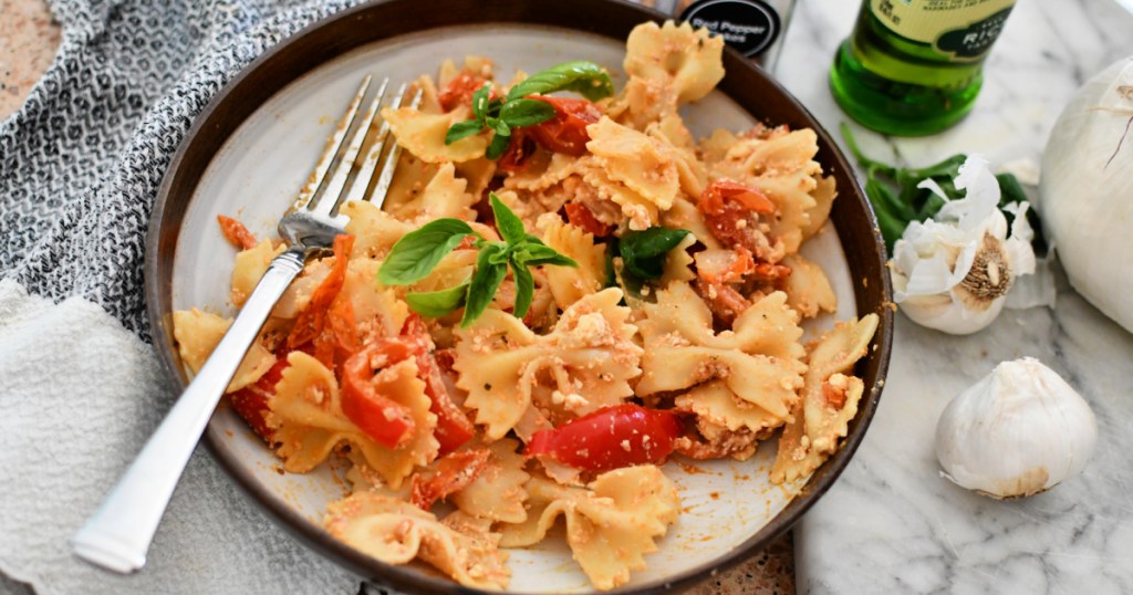 plate with viral tiktok feta pasta