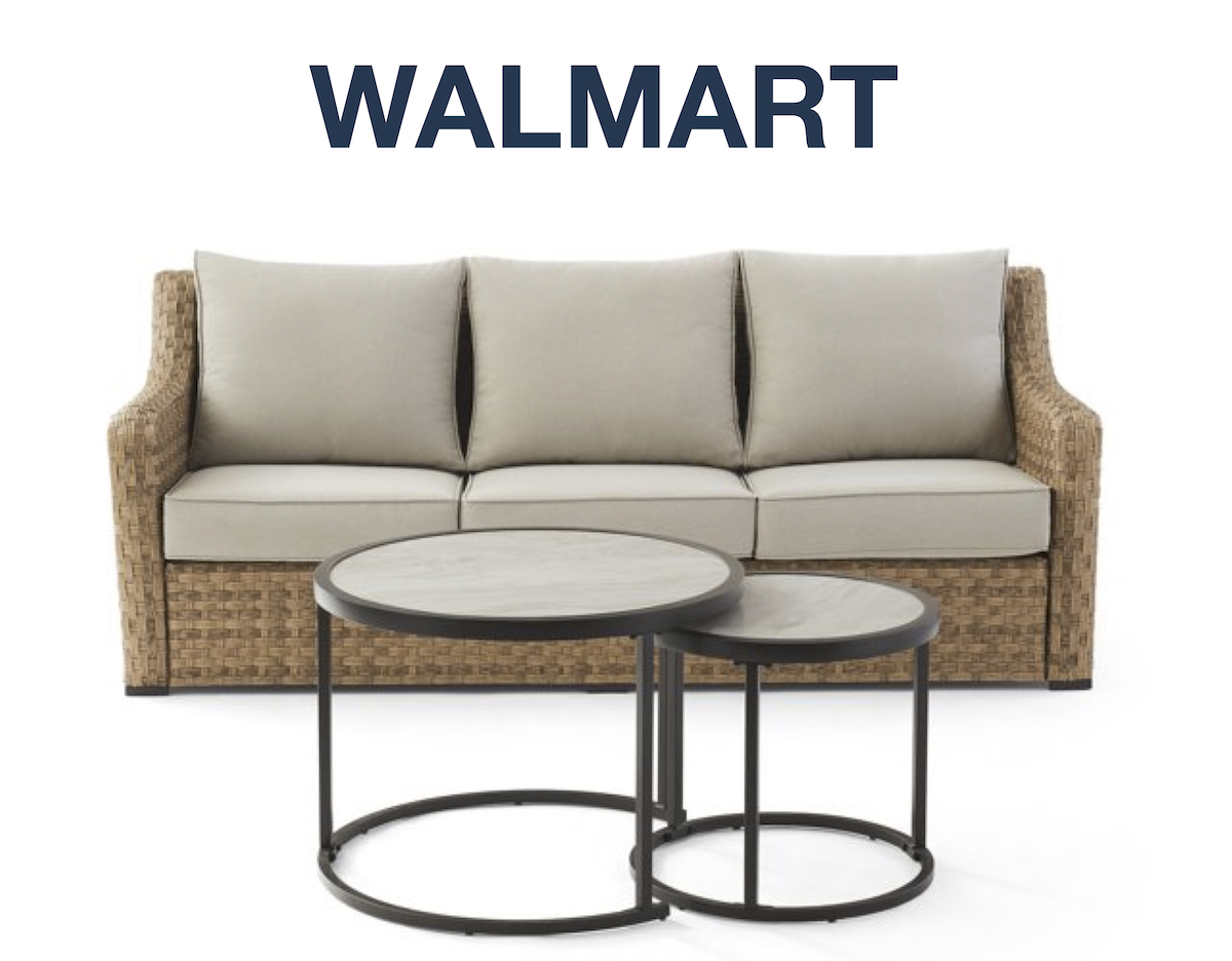 stock photo of wicker couch and nesting tables with walmart above it.