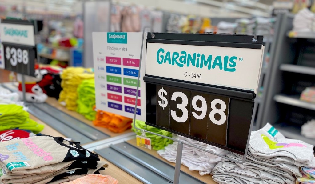 close up of garanimals sign in store with cheap kids clothes