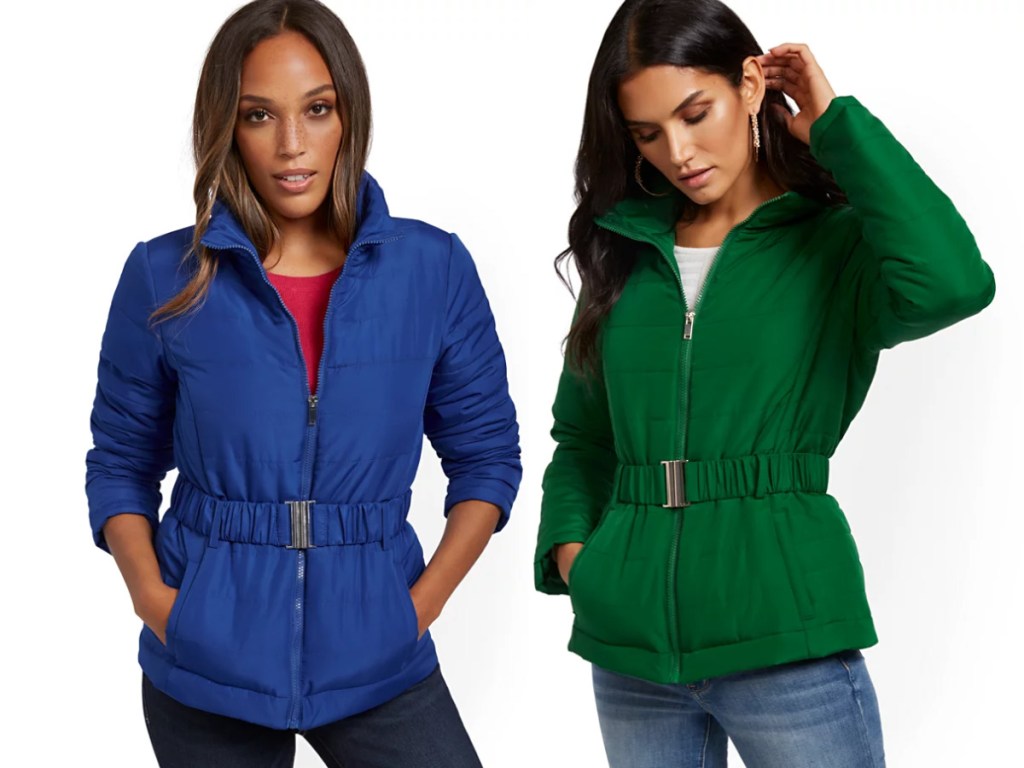 womens belted puffer jacket in green and blue
