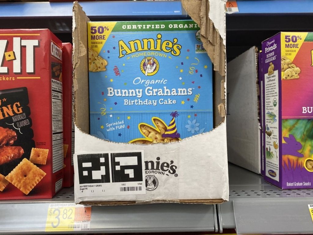 Annie's Bunny Grahams Birthday Cake cookies on shelf at Walmart