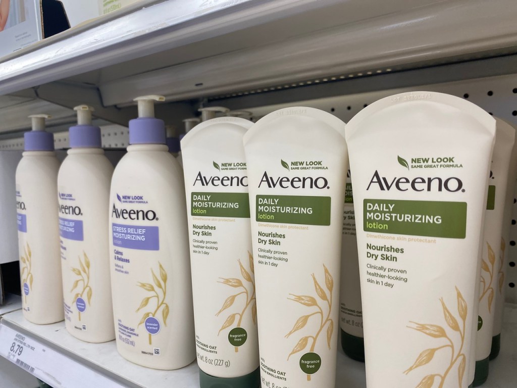 Aveeno Lotions lined up on store shelf