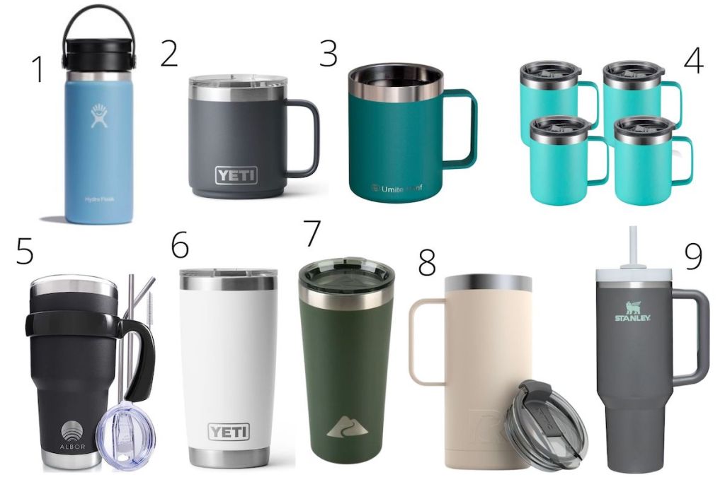 collage of different travel insulated coffee mugs on white background with numbers