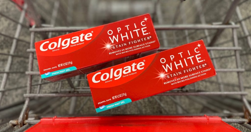 Colgae Optic White Toothpastes on shopping cart at CVS