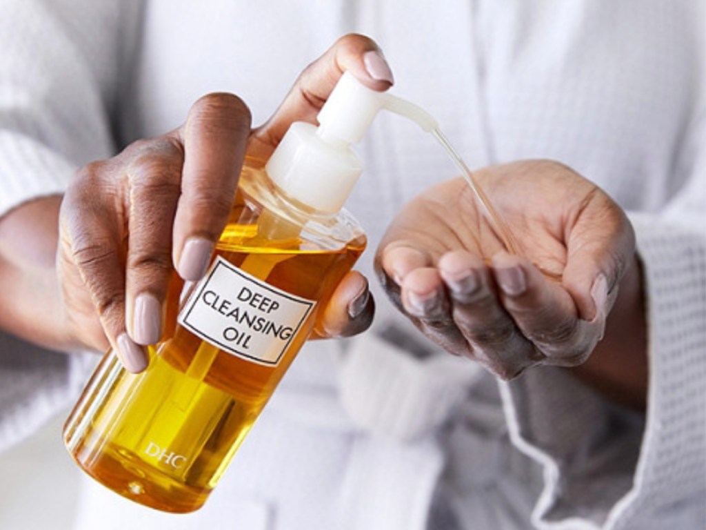 DHC cleansing oil in hands