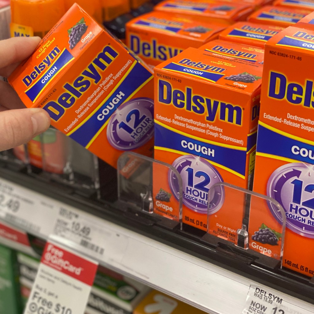 Delsym brand cough syrup on display in-store