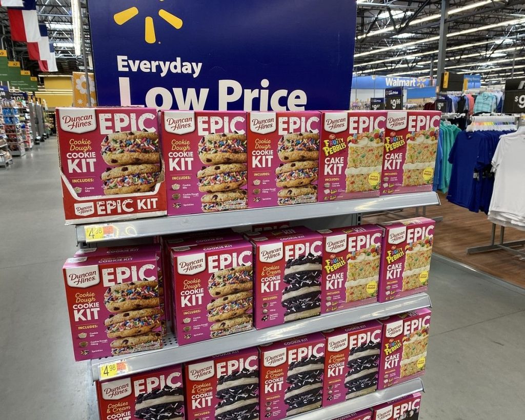 shelves of Duncan Hines EPIC Baking Kits in Walmart