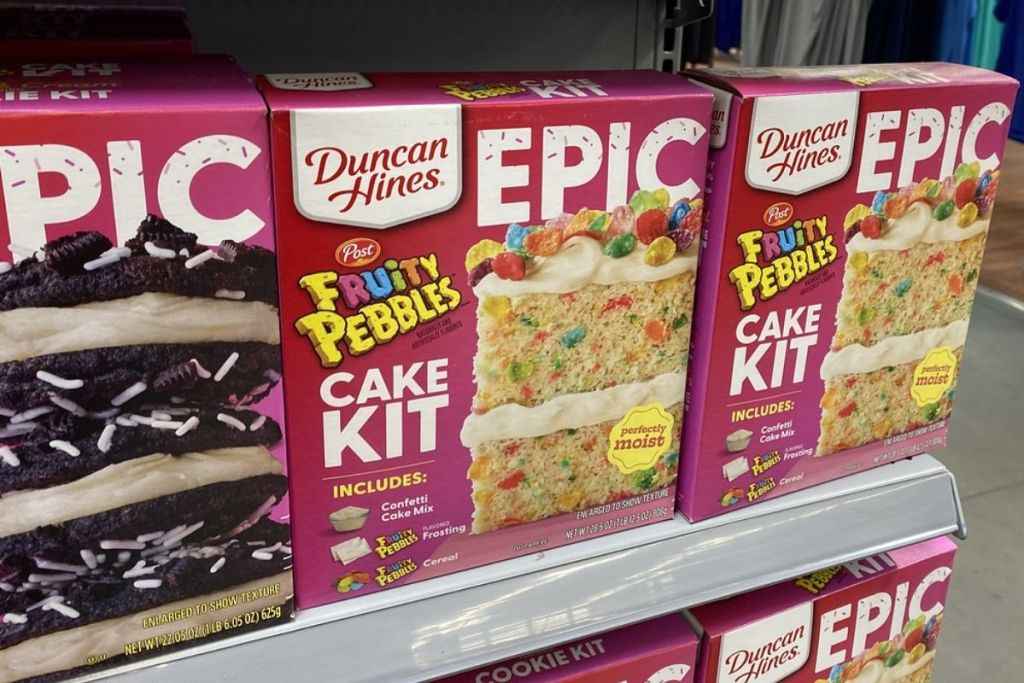Duncan Hines EPIC Fruity Pebbles Cake Kit on shelf