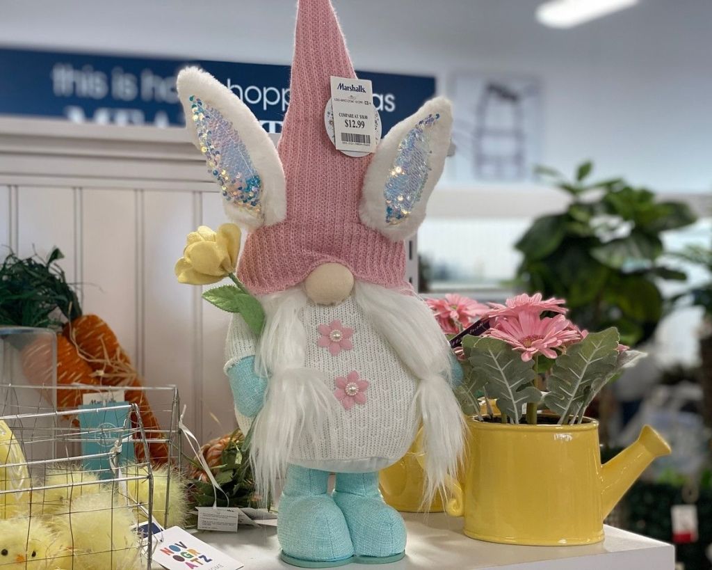 Easter Bunny Gnome on shelf with spring items