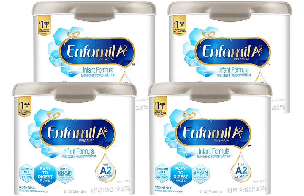 four containers of Enfamil A2 Premium Infant Formula