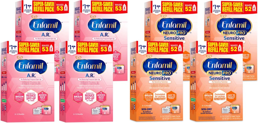 two 4-pack sets of Enfamil Formula Powder Refill Boxes