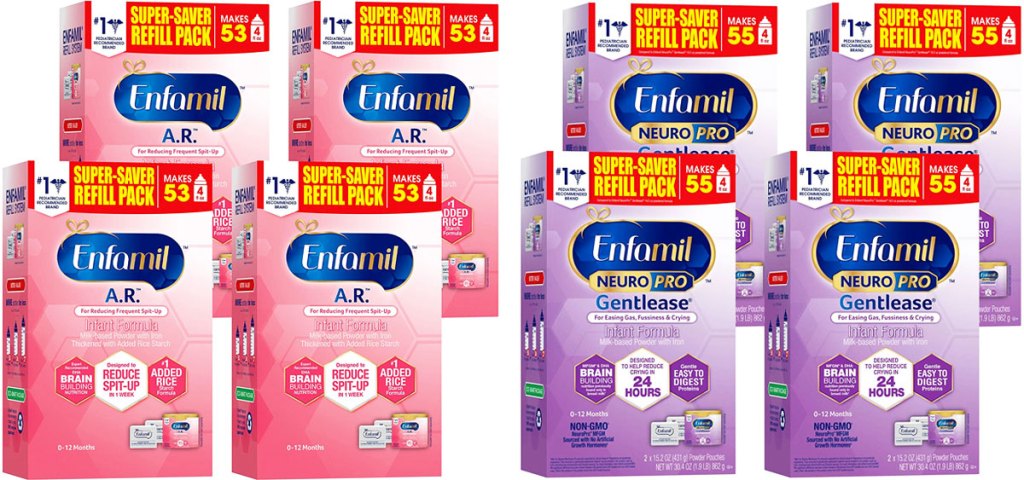 two 4-pack sets of enfamil infant formula boxes