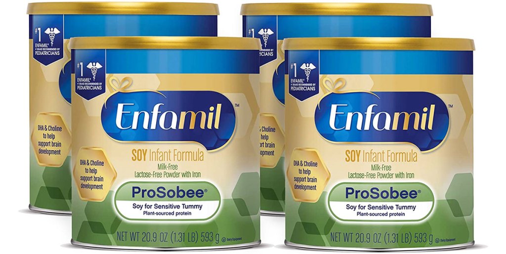 four containers of Enfamil ProSobee Infant Formula