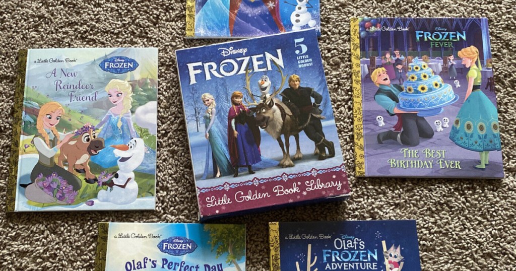 five Disney Frozen books on carpet