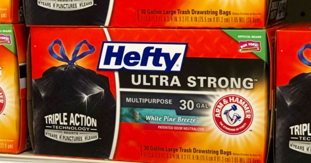 hefty ultra strong trash bags on shelf