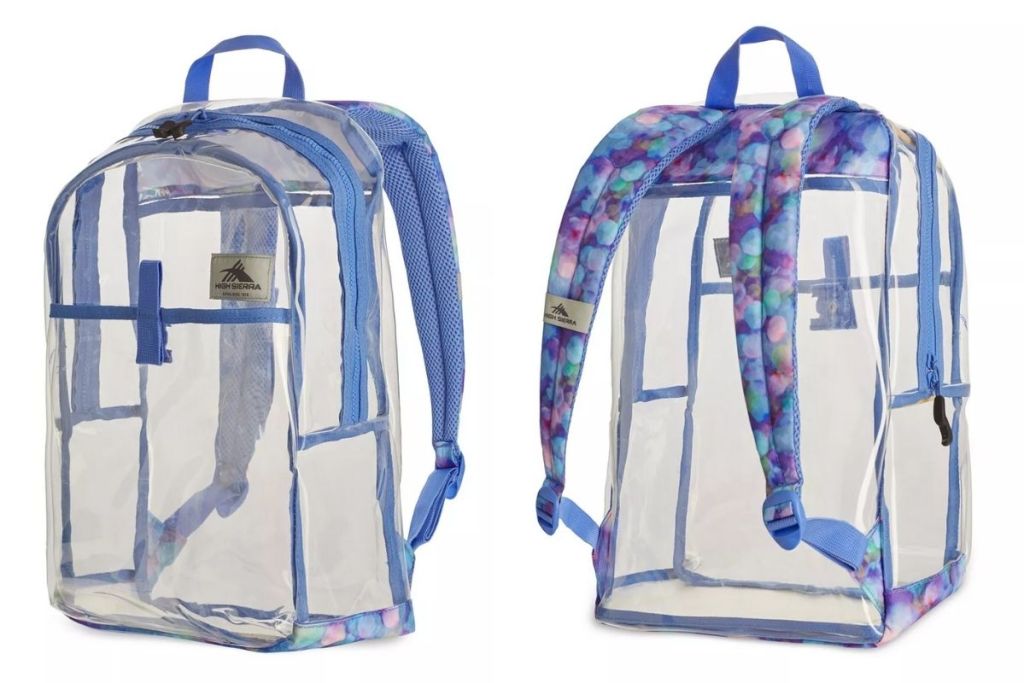 front and back view of High Sierra Blue Transparent Backpack